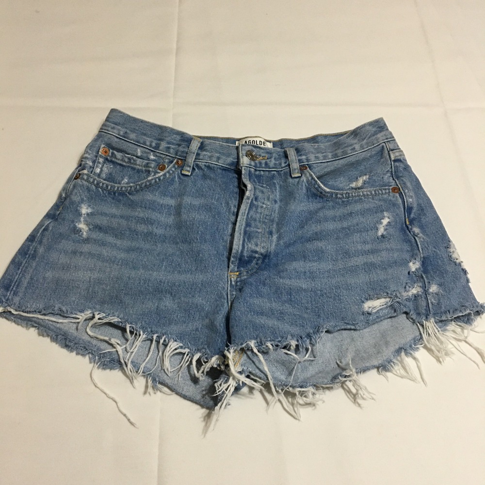 AGOLDE Parker Cut Off Shorts Women 28 Blue Distressed Button Fly